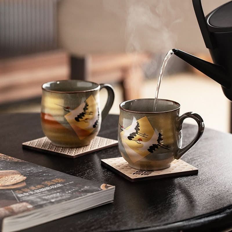 Japan Imported Kutani Burning Crane Mug, Japanese-style 8.11oz water cup with steaming hot water.
